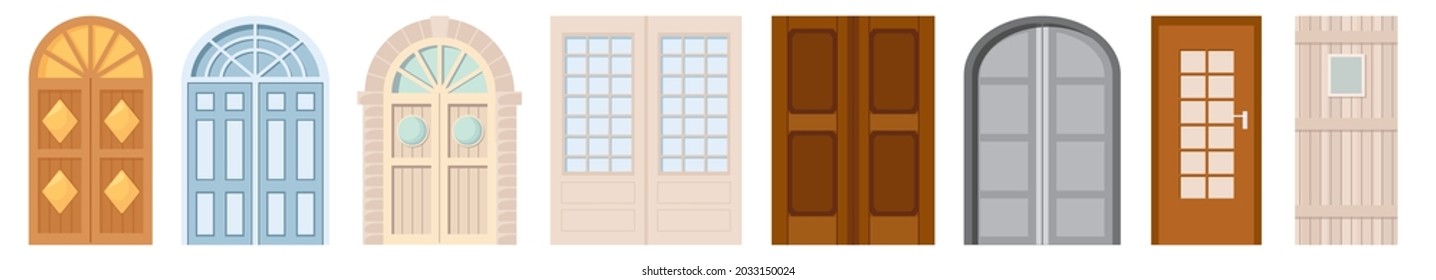 Metal and Wooden Front Doors and Gates. Isolated Cottage Entries Cartoon Vector Design with Wood or Stone Arched Doorjambs, Decor and Glass Windows. Palace, Villa, Building Exterior Element Icons Set