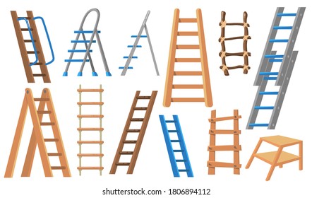 Metal and wooden ladders flat illustration set. Cartoon stepladders for builders and painters on white background isolated vector illustration collection. Construction and livestock farming concept