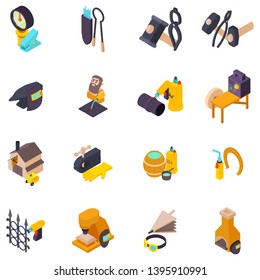Metal work icons set. Isometric set of 16 metal work vector icons for web isolated on white background