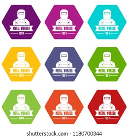 Metal worker icons 9 set coloful isolated on white for web