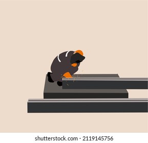 Metal worker working with arc welding machine in factory while wearing safety equipment. Manufacturing and construction maintenance service. Vector.