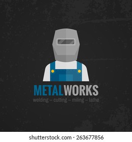 Metal working factory welder machinery operator in uniform black background icon poster print flat abstract vector illustration