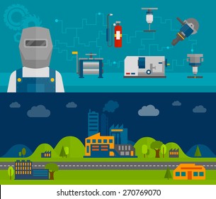 Metal working foundry and metalworking machinery infographic elements 2 flat horizontal banners set abstract isolated vector illustration