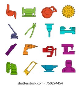 Metal working icons set. Doodle illustration of vector icons isolated on white background for any web design