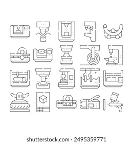 Metal Working Industry Collection Icons Set Vector. Metal Working Industrial Equipment, Drill Machine And Press, Automatic Tool Black Contour Illustrations