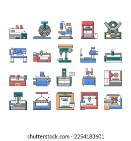 Metal Working Machine Collection Icons Set Vector. Welding And Sandblasting Machine, Laser And Boring Apparatus Metal Work Industrial Equipment Concept Linear Pictograms. Contour Color Illustrations