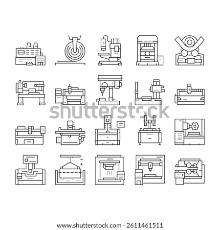 Metal Working Machine Collection Icons Set Vector. Welding And Sandblasting Machine, Laser And Boring Apparatus Metal Work Industrial Equipment Black Contour Illustrations
