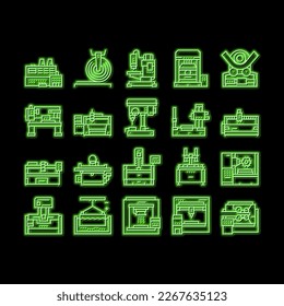 Maquinaria de trabajo de metal, vector de señal de luz de neón. Máquinas De Soldadura Y Bandolaje, Aparatos De Láser Y Aburrimiento De Material De Trabajo De Metal Ilustraciones De Equipos Industriales