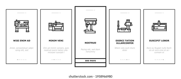 Metal Working Machine Onboarding Mobile App Page Screen Vector. Welding And Sandblasting Machine, Laser And Boring Apparatus Metal Work Industrial Equipment Illustrations
