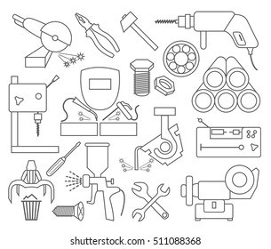 Metal working tools icon set. Thin line design. Vector illustration