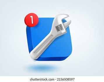 Metal wrench. 3d vector mobile application icon with notification