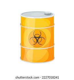 Metal yellow barrel toxic, dangerous sign in cartoon style isolated on white background. Radioactive, flammable.