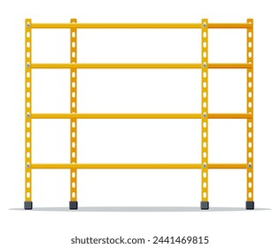 Metal yellow standing rack. Empty metallic storage shelves isolated on white. Warehouse equipment and tools. Logistic and delivery, store interior parts. Cartoon flat vector illustration