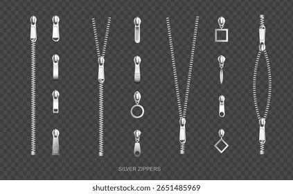 Fixadores de zip de metal, zíperes dourados prateados com puxador de formato diferente e fita de tecido preto aberta ou fechada, hardware de vestuário isolado no fundo transparente, ilustração vetorial 3d realista