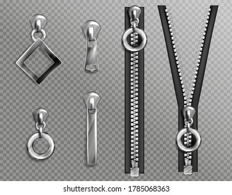 Metal zip fasteners, silver zippers with differently shaped puller and open or closed black fabric tape, clothing hardware isolated on transparent background, Realistic 3d vector illustration, set svg