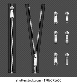 Metal zip fasteners, silver zippers with differently shaped puller and open or closed black fabric tape, clothing hardware isolated on transparent background, Realistic 3d vector illustration, set svg