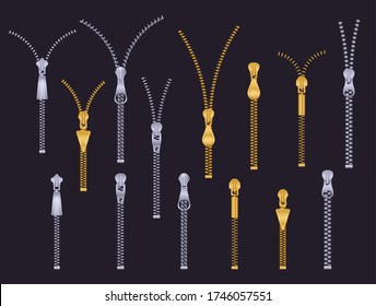 Metal zipper. Plastic metallic zip. Gold silver open and closed zippers. Tailor steel clothes pull accessories. Isolated clasps vector set