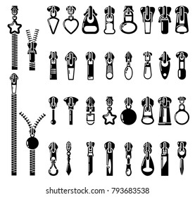 Metal zipper puller icons set. Simple illustration of 32 Metal zipper puller vector icons for web