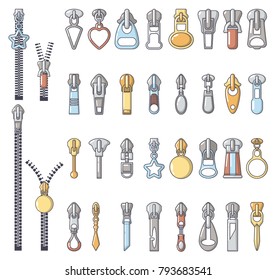 Metal zipper puller icons set. Cartoon illustration of 32 Metal zipper puller vector icons for web