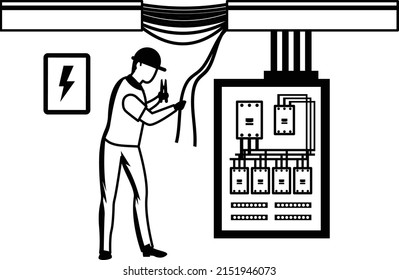 Metal-Clad High Voltage Switchgear Cabinet Concept Power Distribution Panel Board vector icon design, Electrician Profession symbol, Power Supply and wiring Sign, handyman and Repairman tools stock
