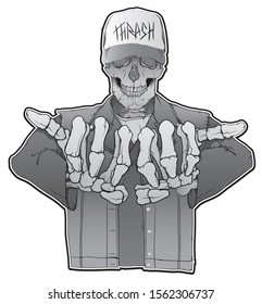 Metalhead skeleton in a baseball cap and leather jacket