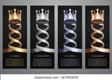  Metalic crown in black banner, Gold, Platinum, Silver, Bronze, Vector illustration.