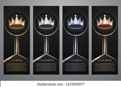  Metalic crown in black banner, Gold, Platinum, Silver, Bronze, Vector illustration.