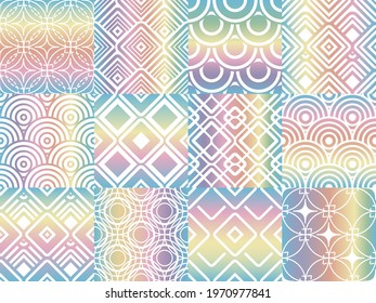 Metalic foil rainbow patterns. Holographic elegent textures, multicolor neon glitter metallized pattern set, metal retro paper pastel backgrounds for partry cards
