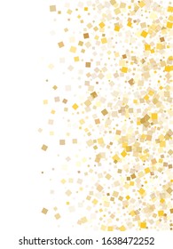 Metalic gold confetti sequins tinsels scatter on white. VIP Christmas vector sequins background. Gold foil confetti party explosion illustration. Rhombus sparkles invitation backdrop.