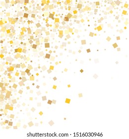 Metalic gold square confetti sparkles flying on white. Shiny New Year vector sequins background. Gold foil confetti party elements texture. Many pieces invitation backdrop.