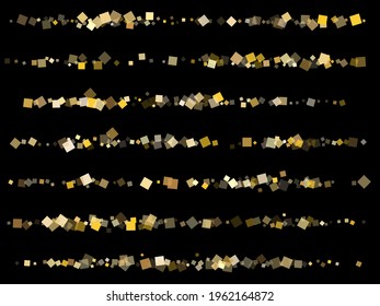 Metalic gold square confetti sparkles falling on black. Luxurious holiday vector sequins background. Gold foil confetti party explosion isolated. Light dust pieces surprise backdrop.