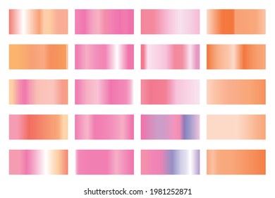 Metalic gradient collection with shiny colorful hologram. Holographic foil texture, gold rose, blue and golden gradation. Vector set for frame, ribbon, border, other design.