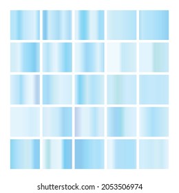 Metalic gradient collection with shiny colorful hologram. Holographic foil texture, blue gradation. Vector set for frame, ribbon, border, other design.