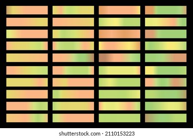 Colección de gradientes metálicos con holograma colorido brillante. Textura holográfica de lámina, dorado, verde y marrón. Conjunto de vectores para marco, cinta, borde, otro diseño.