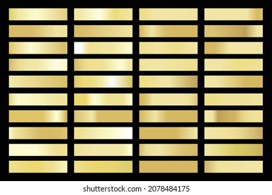 Metalic gradient collection with shiny gold hologram. Holographic foil texture, gold rose, brown and golden gradation. Vector set for frame, ribbon, border, other design.