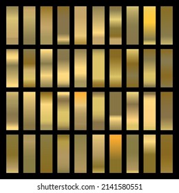 Metalic gradient collection with shiny gold hologram. Holographic foil texture, gold rose, brown and golden gradation. Vector set for frame, ribbon, border, other design.