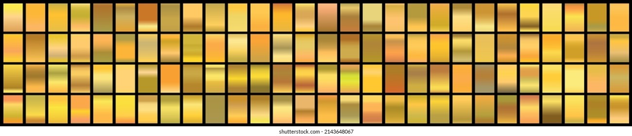 Metalic gradient collection with shiny gold hologram. Holographic foil texture, gold rose, brown and golden gradation. Vector set for frame, ribbon, border, other design.