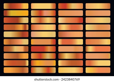 Colección de gradientes metálicos con holograma dorado brillante. Textura de lámina holográfica, rosa dorada, gradación marrón y dorada. Conjunto de vectores para marco, cinta, borde, otro diseño.