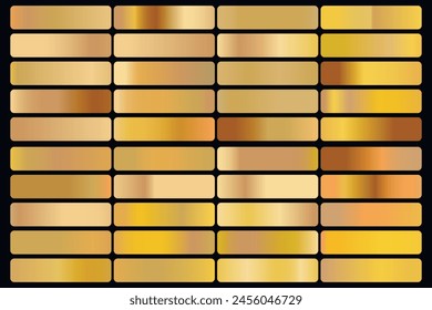 Metallische Gradienten-Kollektion mit glänzendem Goldhologramm. Holografische Folienstruktur, goldene Rose, braune und goldene Abstufung. Vektorgrafik Set für Rahmen, Band, Rahmen, anderes Design.