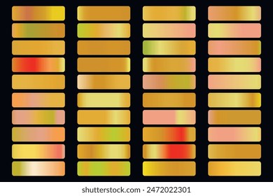 Metalic gradient collection with shiny gold hologram. Holographic foil texture, gold rose, brown and golden gradation. Vector set for frame, ribbon, border, other design.