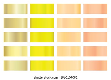 Metalic gradient collection with shiny golden hologram. Holographic foil texture, gold rose, bronze and gold gradation. Vector set for frame, ribbon, border, other design. 