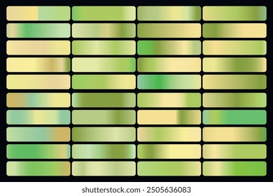 Colección de gradiente metálico con holograma verde brillante. Textura de lámina holográfica, rosa dorada, marrón y gradación dorada. Conjunto de Vector para marco, cinta, borde, otro diseño.