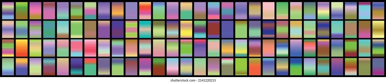 Metalic gradient collection with shiny rainbow hologram. Holographic foil texture, green, blue, yellow, pink gradation. Vector set for frame, ribbon, border, other design.