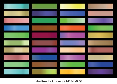 Colección de gradientes metálicos con holograma brillante de arco iris. Textura holográfica de la lámina, verde, azul, amarillo, rosa gradación. Conjunto de vectores para marco, cinta, borde, otro diseño.