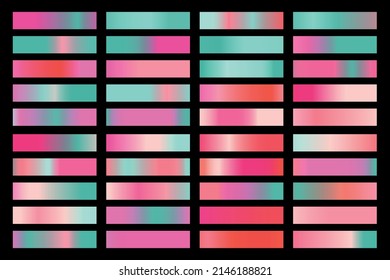 Metalic gradient collection with shiny rainbow hologram. Holographic foil texture, green, blue, yellow, pink gradation. Vector set for frame, ribbon, border, other design.