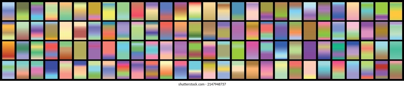 Metalic gradient collection with shiny rainbow hologram. Holographic foil texture, green, blue, yellow, pink gradation. Vector set for frame, ribbon, border, other design.
