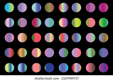 Metalic gradient collection with shiny rainbow hologram. Holographic foil texture, green, blue, yellow, pink gradation. Vector set for frame, ribbon, border, other design.