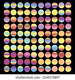 Metalic gradient collection with shiny rainbow hologram. Holographic foil texture, green, blue, yellow, pink gradation. Vector set for frame, ribbon, border, other design.