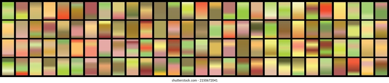 Colección de gradientes metálicos con holograma brillante de arco iris. Textura holográfica de la lámina, verde, azul, amarillo, rosa gradación. Conjunto de vectores para marco, cinta, borde, otro diseño.