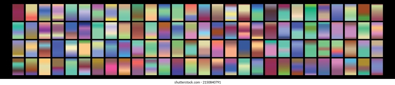 Metalic gradient collection with shiny rainbow hologram. Holographic foil texture, green, blue, yellow, pink gradation. Vector set for frame, ribbon, border, other design.